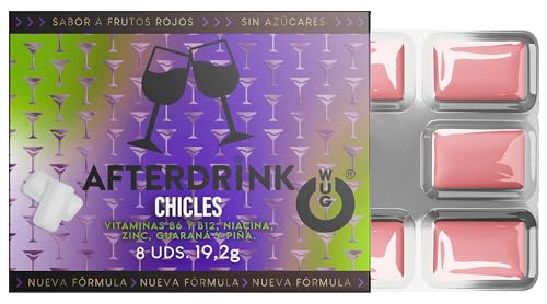 WUGUM AfterDrink - Chicle Funcional para Revitalizar Cuerpo y Mente - Alivia Resaca, Dolor de Cabeza y Cansancio - Sabor Frutos Rojos - Sin Azúcar - Formato Blister
