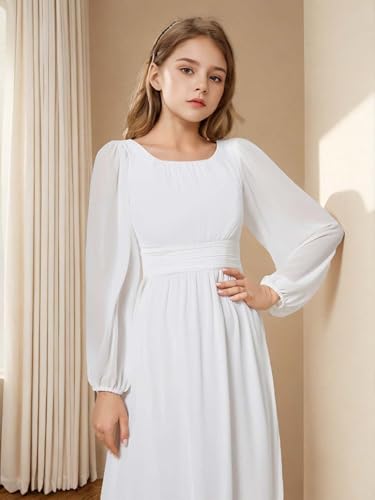 Junior Bridesmaid Dresses Long Lantern Sleeves Chiffon Flower Girl Dress First Communion Gown Dusty Rose 113