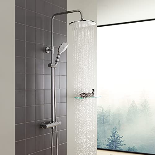 CECIPA Columna de Ducha Termostática Redonda Grifos de Ducha Termostática Ducha de lluvia 24 * 24 cm y Ducha de Mano con 3 Chorros en Acero Inoxidable
