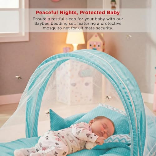 Image of BAYBEE Baby Bedding Set for New Born Baby, Bed Mattress with Mosquito Net & Neck Pillow, Sleeping Nest Travel, Infant Toddler Bed Set Gifts for Baby Boy Girl 0-6 Months (Blue)