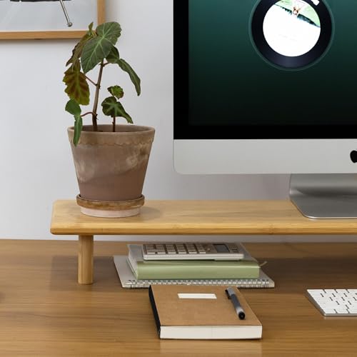 Image of Bamboo Dual Monitor Stand Riser, Natural Desk Shelf with Storage