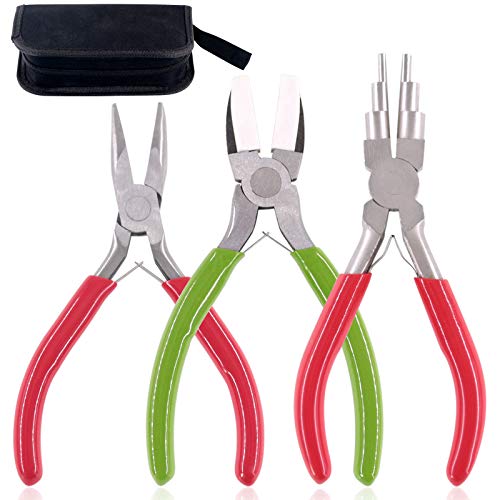 Rustark Jewelry Tool Set 3 Piece Jewelry Pliers Including Bent Nose Pliers, Nylon Jaw Pliers, 60-Step Bail Making Pliers Jewelry Making Kit with Case for Beading, Looping, Shaping Wire, DIY Crafts