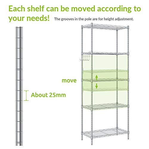 Cozzine 5 Tier Storage Shelves, Adjustable Storage Shelves 21"X 11"X 59" Heavy Duty Steel Tube Wire Shelving Unit (Silver) #TOP5