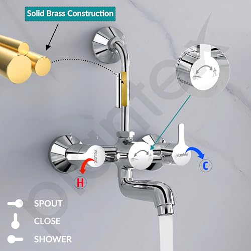 Image of Plantex Pure Brass Wall Mixer for Bathroom 2 in 1 with L-Bend Provision for Overhead Shower /Mixer Tap for Bathroom with Water Saving Nozzle Aerator - 7 Year Warranty by Plantex (Ore-1420, Chrome)