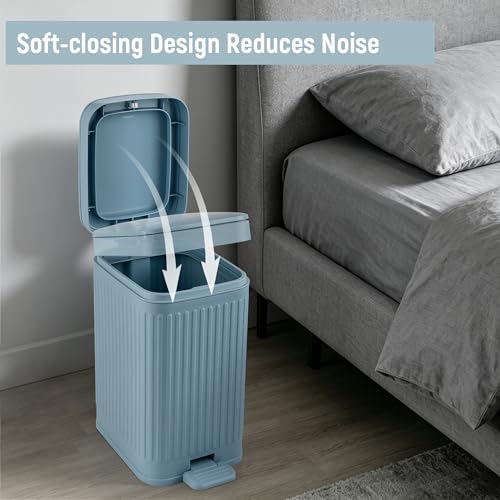 Image of rejomiik Small Bathroom Trash Can with Lid Slim Soft Close Garbage Can Step Wastebasket Container Trash Bin for Office Bedroom Kitchen Living Room 1.9 Gallon, Light Blue