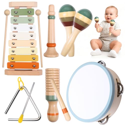 Instrument de Musique Bebe, Musique Batteries et Percussions Jouet Montessori avec Xylophone, Tambourin, Triangle, Jouet en Bois Enfant Jeux Fille Garcon 1 2 3...