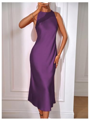 Image of Floerns Women's Elegant Crew Neck Maxi Slit Cocktail Tank Wedding Dress | Boat Neck, Side Slit, Long, Party, Cocktail, Formal, Rehearsal Dinner Guest Midi Dress