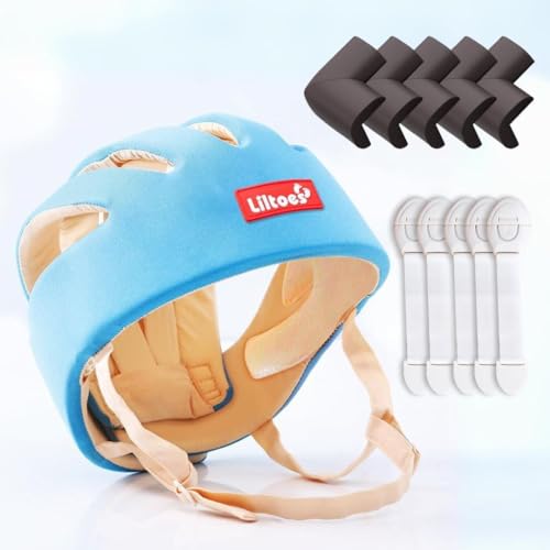 Image of Baby Safety Products Combo | LILTOES Baby Head Protector + Edge Guard + Cabinet Lock for Safety of Kids 6M to 3 Years | Baby Safety Helmet with Corner Guard Protection (Sky Blue+Corner+Cabinet)