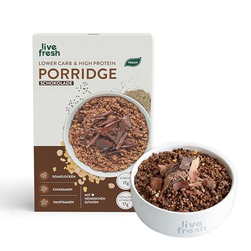 LiveFresh Porridge Schoko | Lower Carb & High Protein aus Sojaflocken | Kalorienarm, Proteinreich & ohne Zuckerzusatz | Vegan & Glutenfrei | Aus Regionalem Anbau | 420g