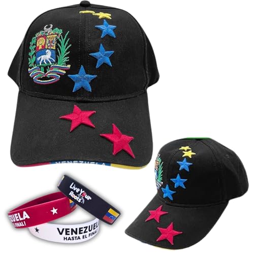 Live Your Roots Gorra Negra de Venezuela 7 Estrellas, Diseño Inspirado en la Bandera de Venezuela, Ideal para Fútbol y Beisbol, Gorra Unixes Gorra Mujer. Esta Modelo es para Jovenes S-M, Ajustable.