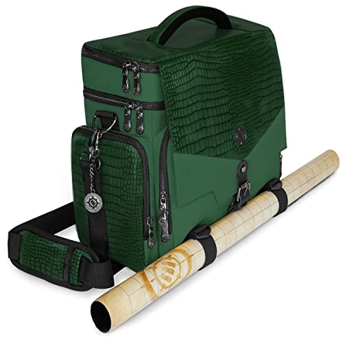 ENHANCE Collector's Edition RPG Adventurer's DnD Bag - Dragon Hide Exterior Travel RPG Bag with Tabletop Miniatures Storage Vault, Mat Holder, DnD Dice & Token Pockets, Fits 4-8 Books (Dragon Green)