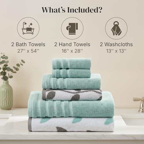 Modern Threads Organic Vines 6-Piece 100% Cotton Towel Set – Yarn Dyed Jacquard & Solid – Includes 2 Bath Towels, 2 Hand Towels, 2 Washcloths – Absorbent, Quick Dry, Soft & Durable – Aqua