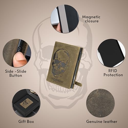 Image of The X Project Genuine Leather Wallet for Men | RFID Blocking Slim Bifold Wallet | Quick Card Eject Mechanism | Coin Pocket & ID Window | Premium Gift Box | Bold Skull Design (Greenish Brown)