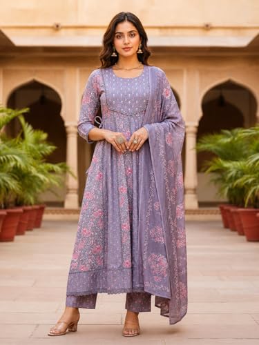 Image of Pure Cotton Anarkali Kurta Set for Women with Dupatta | 3 Piece Cotton Anarkali Suit | Floral Aari Work | Flared Ethnic Wear