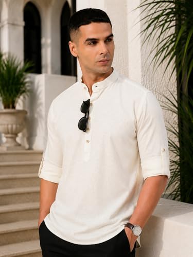 Image of Majestic Man Men's Pure Cotton Solid Mandarin Collar Slim Fit Roll-Up Sleeves Short Kurta Lightweight Summer Kurta for Daily & Occasion Use