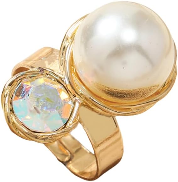 Dtja Round CZ Shell Pearl Statement Ring for Women Gold-Plated Fashion Adjustable Engagement Promise Crystal Big White Balls Open Wrap Finger Rings Comfort Fit Wedding Holiday Jewelry (Stone)