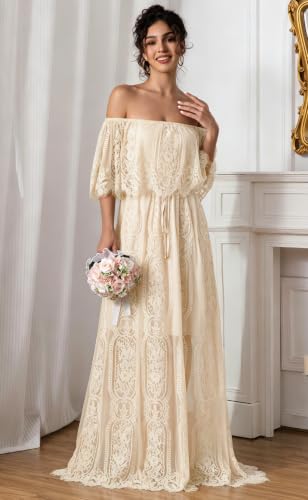 Image of HOYISHION Women's Off The Shoulder Floral Lace Maxi Dress White Bridesmaid Wedding Party Maternity Photoshoot Long Dresses