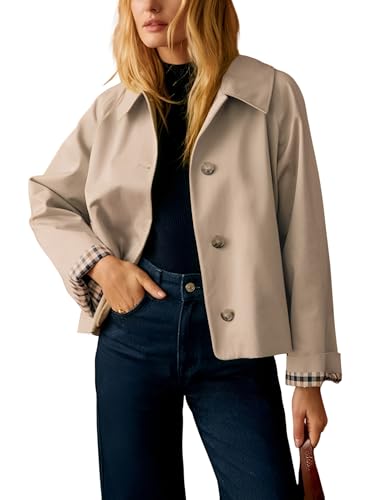Dqbeng Womens Cropped Trench Coat Classic Collar Oversized Casual Jackets with Checkered Lining