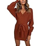 Shakumy Women Elegant Sexy V Neck Wrap Belted Batwing Long Sleeve Tunic Tops Dress Pencil Bodycon Knitted Mini Sweater Dress