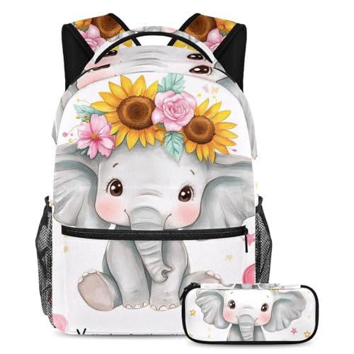 Sac à dos tournesol et éléphant 2 pièces grand format avec trousse ado