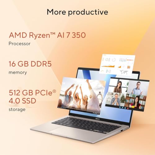 Image of ASUS Vivobook 14 Copilot + PC Laptop, 14 inch WUXGA (1920x1200) Display, AMD Ryzen AI 7 350 with XDNA NPU, 16GB DDR5 RAM, 512GB SSD, Platinum Gold, Windows 11 Home, TWE Accessories