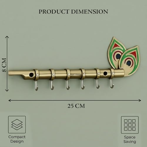 Image of Big Brass Antique Krishna Flute for Key Holder /Key Stand /Keys Hanger Hook /Key Holders for Wall Stylish /Keys Rack Hook /Key Hanging Hooks - Home Decor, Wall Mount - 6 Hooks - (Brass Antique)