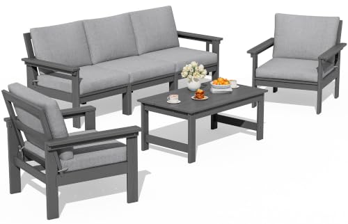 Image of SERWALL HDPE Outdoor Patio Furniture Set Outdoor Couch | All Weather Outdoor Sectional with Coffee Table, Gray Frame & Gray Cushions