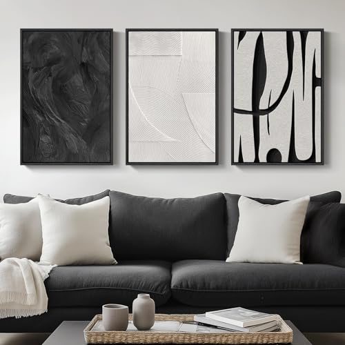 Framed Black and White Abstract Wall Art, 3 Piece Modern Canvas Prints Paintings Art for Walls, Minimalist Black White Abstract Pictures for Living Room Bedroom Dining Room Office Wall Decor 16x24 In