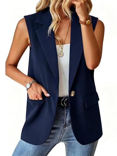 Women’s Summer Sleeveless Blazer Vest Business Casual Outfits Navy Blue M