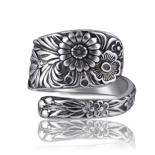 Zaoune 100% Apollo Spoon Rings for Women Boho Sunflower Thumb Adjustable Silver Vintage Victorian Floral Statement Spoon Ring Handmade Jewelry Size 8