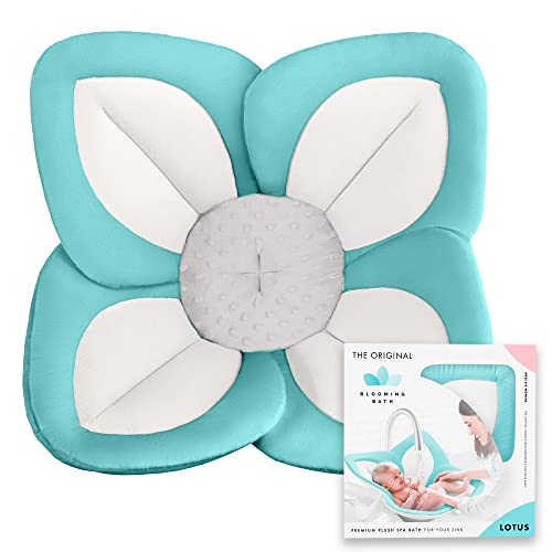Image of Blooming Bath Lotus Bath Pad - Plush Minky Baby Sink Bathtub Cushion - The Original Washer-Safe Flower Seat for Newborns - Seafoam/White/Gray