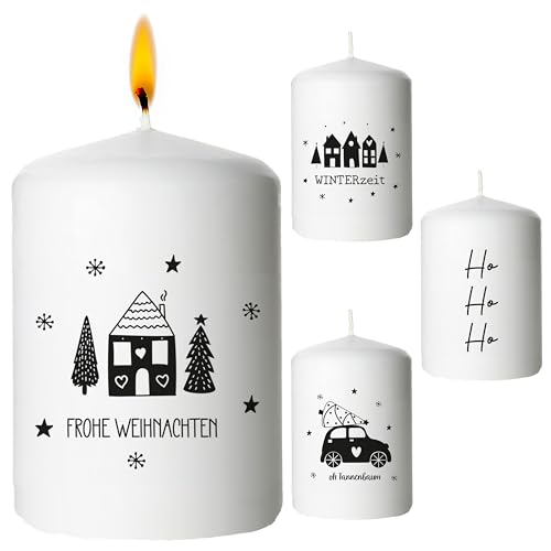 Stumpenkerze Weihnachten bedruckt 4er Set | rund Ø6x8cm creme...
