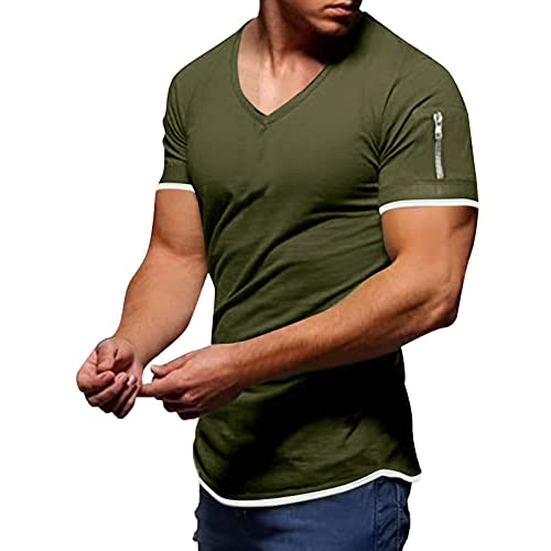 Camiseta de manga corta para hombre con cuello en V extraprofundo, ajustada, cuello en V profundo, elástica, monocolor, básica, informal, de verano, con bottoming, x-1 verde militar, XL Cover