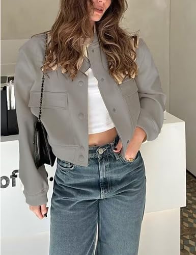 Zontroldy Women's Cropped Casual Long Sleeve Varsity Jacket Bomber Jackets Y2k Streetwear Shacket with Pockets2