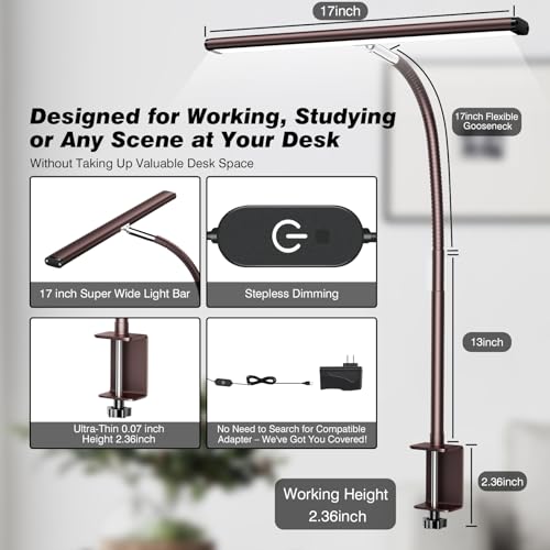 Image of Airlonv LED Desk Lamp for Office Home, Eye-Caring Desk Light with Stepless Dimming Adjustable Flexible Gooseneck, 10W USB Adapter Desk Lamp with Clamp for Reading, Study, Workbench (Brown)