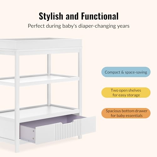 Image of Dream On Me Ivy Baby Changing Table - Compact Modern Changing Station with Spacious Drawer & 2 Open Shelves, New Zealand Pinewood, Easy-to-Clean Non-Toxic Finish, Space-Saving Nursery Storage - White