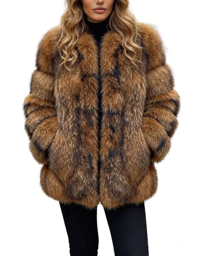 loveimgs Women Elegant Fuzzy Long Faux Fur Coat Puffer Jacket Collarless Parka Winter Zip Up Teddy Coat Overcoat (Large, Raccoon)