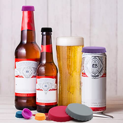 VEGCOO 12 Stück Silikon Gummi Flaschendeckel mit 6 Stück Silikon Getränkedosen Verschluss, Wiederverwendbare Bierdosen Abdeckung für Hausbrauen Bier, Bunte Deckel für Dosen ohne Auslaufen