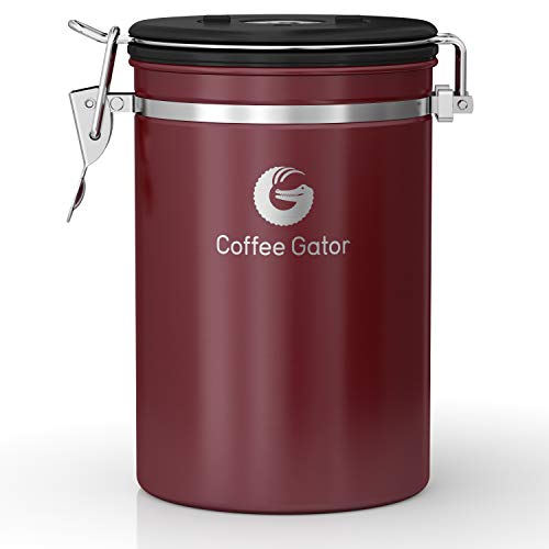 Image of Coffee Gator Coffee Canister, Airtight Stainless Steel Kitchen Food Storage Container with Date Tracker, Scoop for Sugar, Grounds Coffee, Beans,Tea, Sugar, Cereal, Flour, Cookies Jars (Red, 22oz)