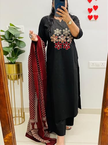 Image of BHARVITA Women's Cotton Embroidered Anarkali Kurta and Palazzo with Dupatta Set | A-line fit