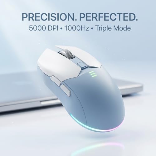 Image of Offbeat Ivy Wireless Gaming Mouse Bluetooth 5.2, 2.4GHz Triple Mode, Rechargeable 5000 DPI, 1000Hz Polling Rate, 6D Buttons, 600mAh Battery, Silent Click, Gaming Mouse for PC & Laptop - White Blue