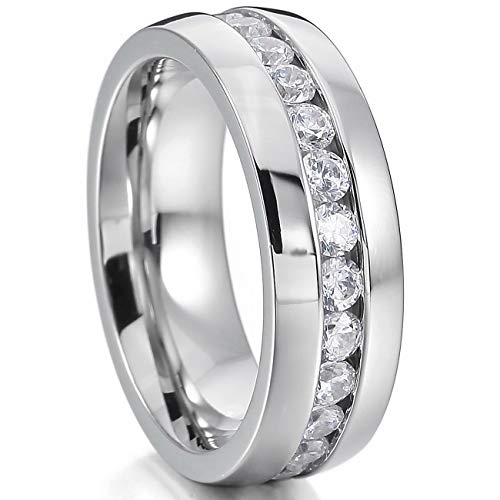 MOWOM Silver Tone Wide 8mm Stainless Steel Eternity Ring Band CZ Wedding Size 9