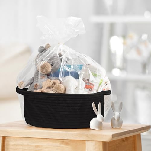 Image of Small Woven Gift Basket, Baskets for Gifts Empty, Cotton Rope Cat Dog Toy Bin Box, Nursery Baby Organizer, Wicker Easter Basket with Handle, Shelf Storage Bin for Decor, Black, 12 inchx 8 inchx 5 inch