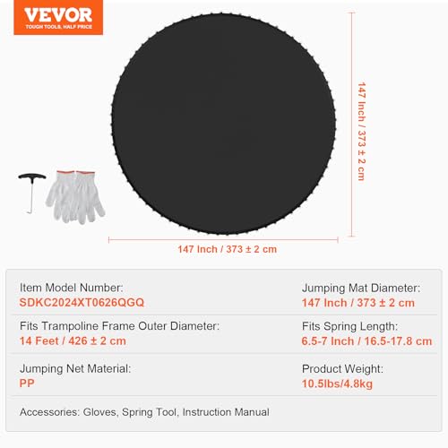 VEVOR Replacement Trampoline Mat, Jumping Mat Fits 14ft Frame, Universal Jumping Mat for 14ft Round Trampoline, Reinforce UV-Resistant Mat with Spring Tool & Durable V-Rings, Fit 6.5"-7" Spring Length by VEVOR - Image 7