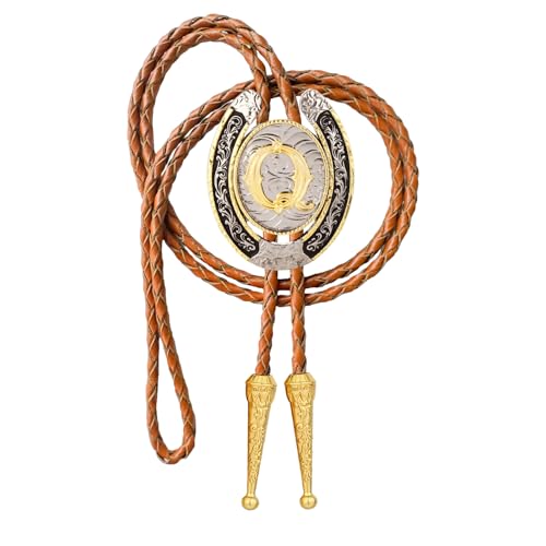 Image of Vintage Western Cowboy Rodeo Initial Letter A-Z Bolo Tie for Men | Premium brown braided leather, adjustable sliding clasp, anti-tarnish alloy pendant, versatile A-Z western bolo tie