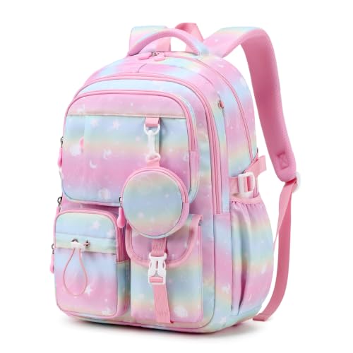 MOONBABY Mochila para meninas, mochila infantil para meninas, mochila escolar para adolescentes do ensino fundamental, estudantes do ensino médio, Planeta rosa, 1, Compacto