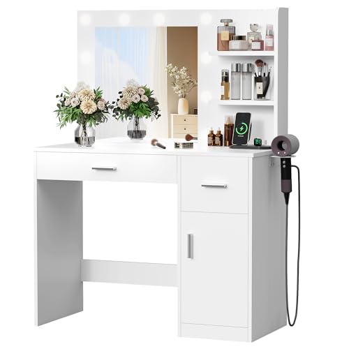 Image of Furmax Vanity Desk with Lighted Mirror 3 Modes & Power Outlets, Makeup Vanity Table with Drawers, Cabinet and Open Shelves, for Bedroom & Dressing Room (White)