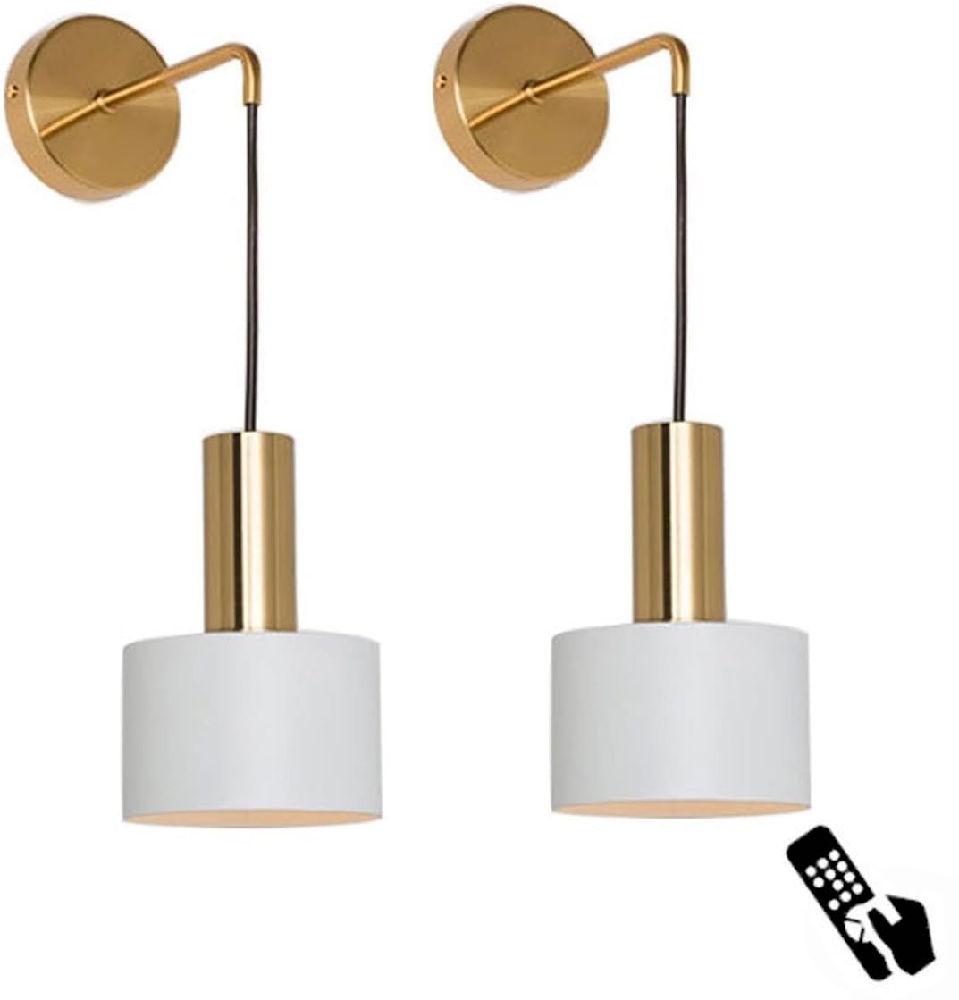 Battery Operated Wall Sconces Set Of 2, Modern No Wire Wall Lamp with Remote and led Light Bulb, Dimmable Adjustable Copper Lighting Fixture for Indoor Bedroom Bedside Decor/Living Room/Hallway