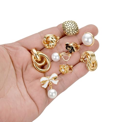10 Pairs Clip on Earrings for Women Non Pierced CZ Rose Flower Bowtie Heart Twist Knot Pearl Dangle Clip on Stud Earring Set Gold Tone4