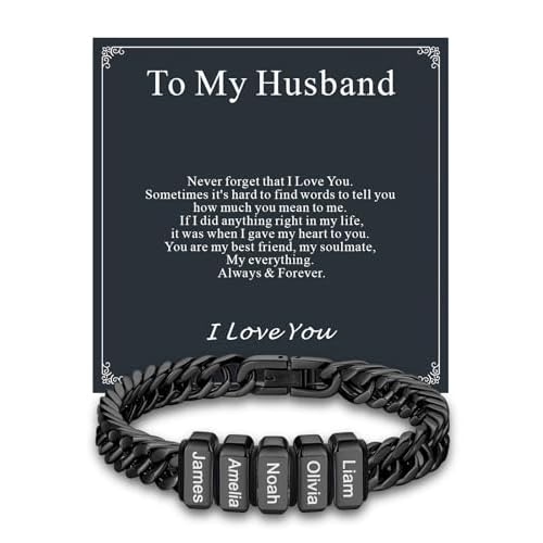 Custom4U Personalized Cuban Link Bracelet for Men, Stainless Steel/18K Gold Plated/Black 1-8 Names Engraved Customized Name Chain Bracelet for Men Jewelry Gifts for Man Dad Husband Father 03